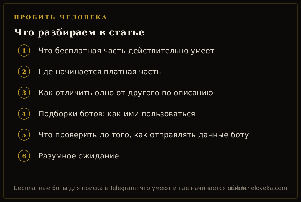 Пробить человека: план статьи «Бесплатные боты для поиска в Telegram: что умеют и где начинается обман»